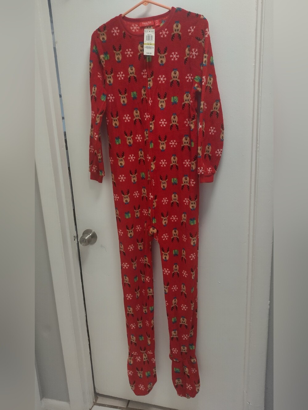 Red Holiday Reindeer Kids 14-16 One-Piece Footed Pajamas NEW With Tag